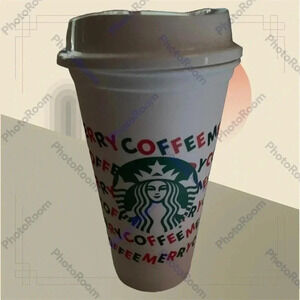 Starbucks Hot Coffee Tumbler with merry coffee written all around tumbler